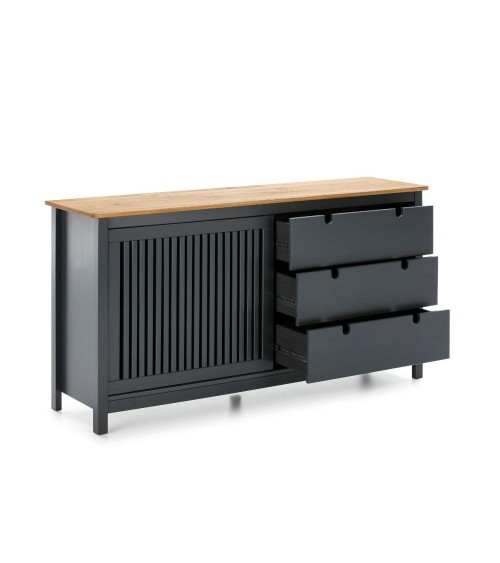 Credenza Bruna con 1 anta scorrevole e 3 cassetti  in legno massiccio colore grigio antracite e top pino