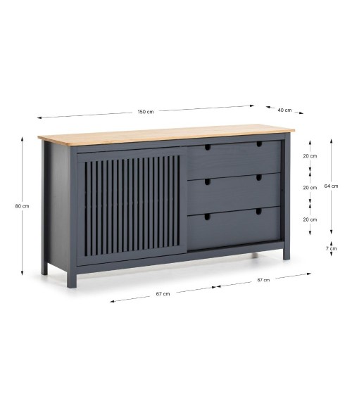 Credenza Bruna con 1 anta scorrevole e 3 cassetti  in legno massiccio colore grigio antracite e top pino