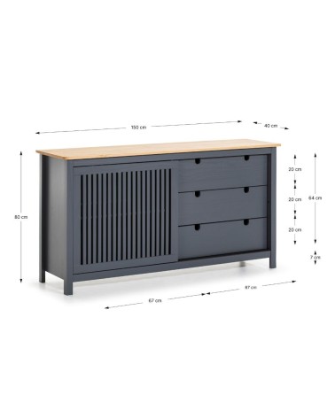 Credenza Bruna con 1 anta scorrevole e 3 cassetti  in legno massiccio colore grigio antracite e top pino