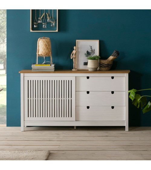 Credenza Bruna con 1 anta scorrevole e 3 cassetti in legno massiccio colore bianco e top pino