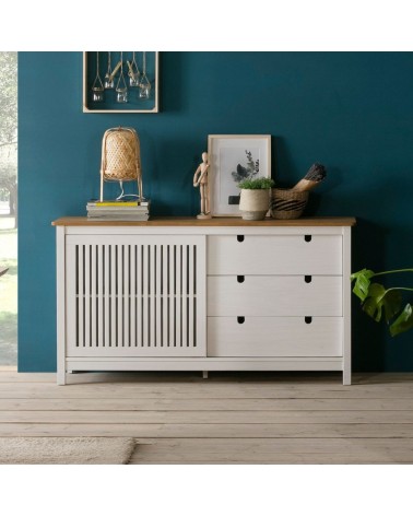 Credenza Bruna con 1 anta scorrevole e 3 cassetti in legno massiccio colore bianco e top pino