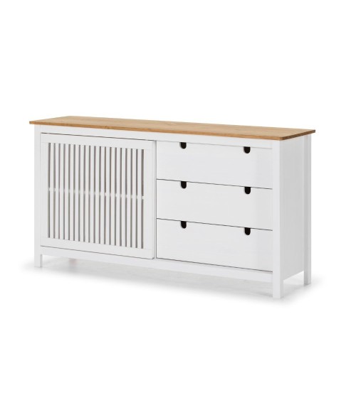 Credenza Bruna con 1 anta scorrevole e 3 cassetti in legno massiccio colore bianco e top pino