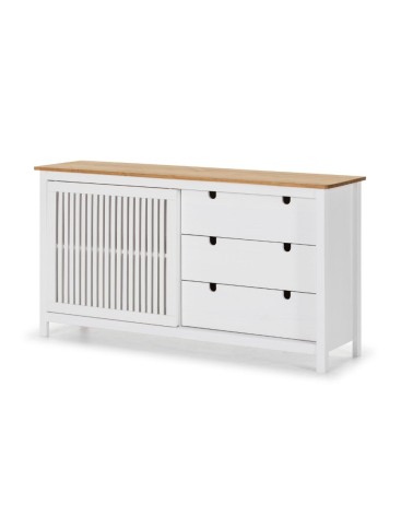Credenza Bruna con 1 anta scorrevole e 3 cassetti in legno massiccio colore bianco e top pino