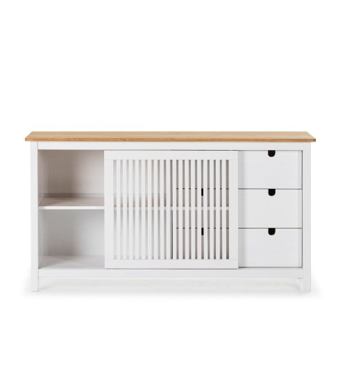Credenza Bruna con 1 anta scorrevole e 3 cassetti in legno massiccio colore bianco e top pino