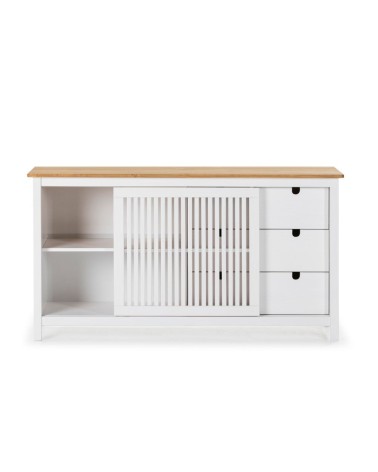 Credenza Bruna con 1 anta scorrevole e 3 cassetti in legno massiccio colore bianco e top pino