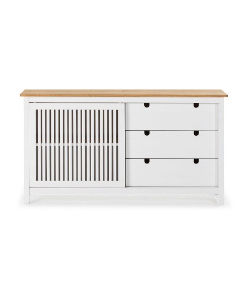 Credenza Bruna con 1 anta scorrevole e 3 cassetti in legno massiccio colore bianco e top pino