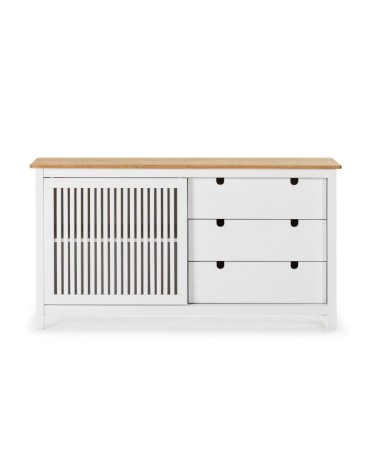 Credenza Bruna con 1 anta scorrevole e 3 cassetti in legno massiccio colore bianco e top pino