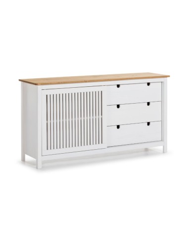 Credenza Bruna con 1 anta scorrevole e 3 cassetti in legno massiccio colore bianco e top pino