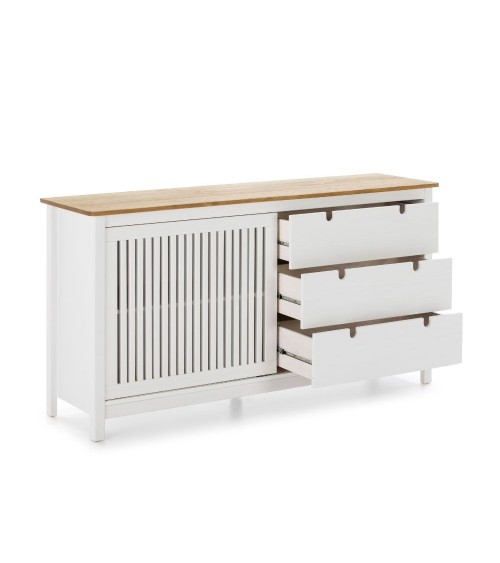 Credenza Bruna con 1 anta scorrevole e 3 cassetti in legno massiccio colore bianco e top pino