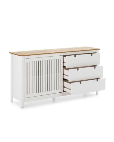 Credenza Bruna con 1 anta scorrevole e 3 cassetti in legno massiccio colore bianco e top pino