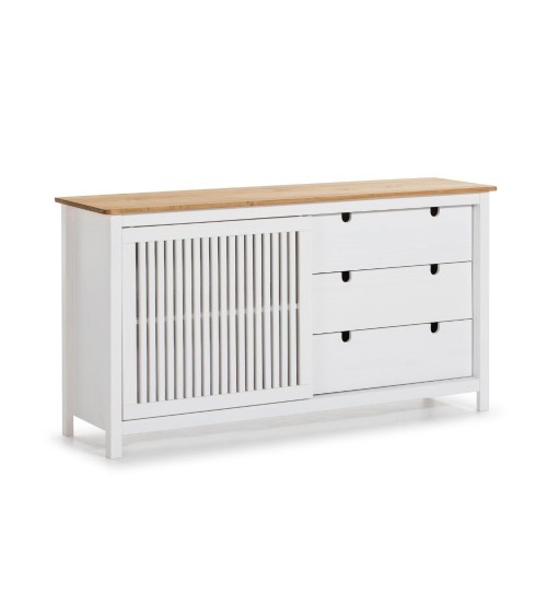Credenza Bruna con 1 anta scorrevole e 3 cassetti in legno massiccio colore bianco e top pino