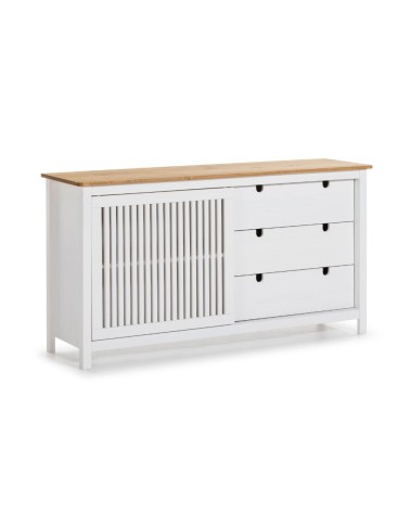 Credenza Bruna con 1 anta scorrevole e 3 cassetti in legno massiccio colore bianco e top pino