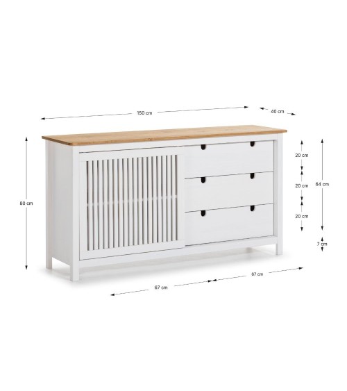 Credenza Bruna con 1 anta scorrevole e 3 cassetti in legno massiccio colore bianco e top pino