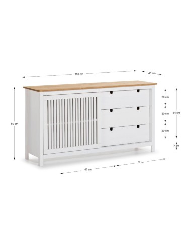 Credenza Bruna con 1 anta scorrevole e 3 cassetti in legno massiccio colore bianco e top pino