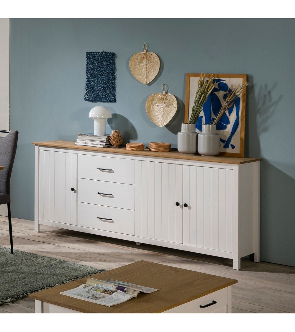 Credenza Miranda con 3 ante e 3 cassetti in legno massiccio bianco con top pino