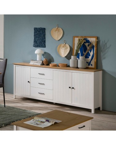 Credenza Miranda con 3 ante e 3 cassetti in legno massiccio bianco con top pino