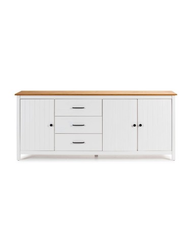 Credenza Miranda con 3 ante e 3 cassetti in legno massiccio bianco con top pino