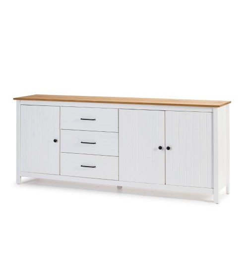 Credenza Miranda con 3 ante e 3 cassetti in legno massiccio bianco con top pino