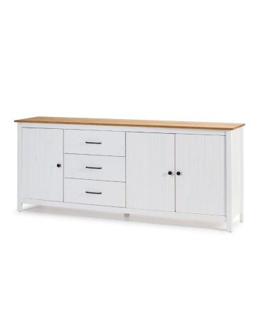Credenza Miranda con 3 ante e 3 cassetti in legno massiccio bianco con top pino