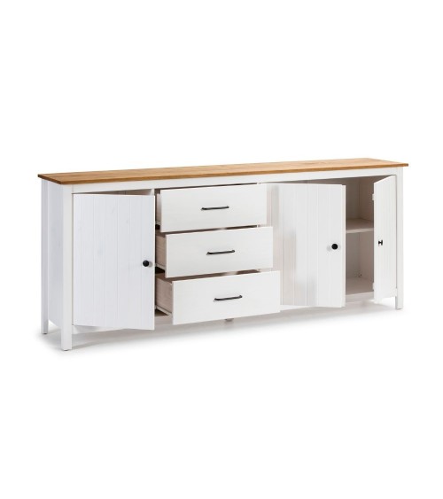 Credenza Miranda con 3 ante e 3 cassetti in legno massiccio bianco con top pino