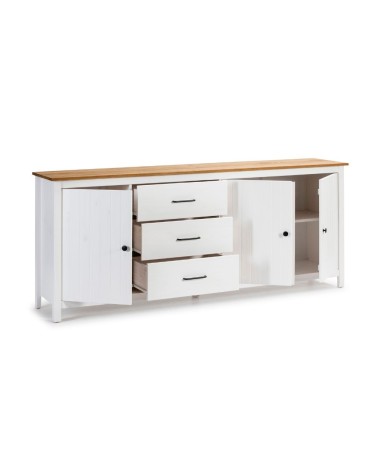 Credenza Miranda con 3 ante e 3 cassetti in legno massiccio bianco con top pino