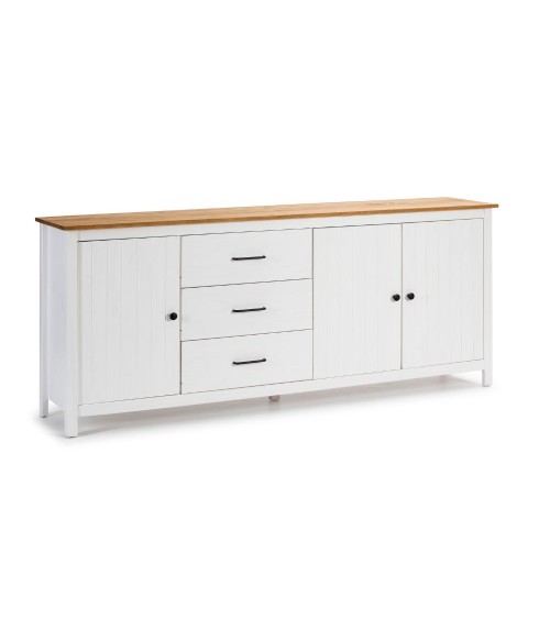 Credenza Miranda con 3 ante e 3 cassetti in legno massiccio bianco con top pino