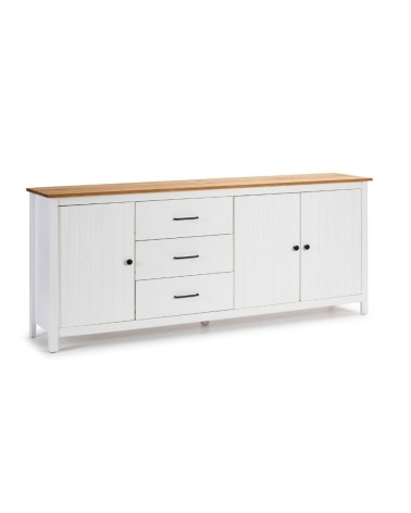 Credenza Miranda con 3 ante e 3 cassetti in legno massiccio bianco con top pino