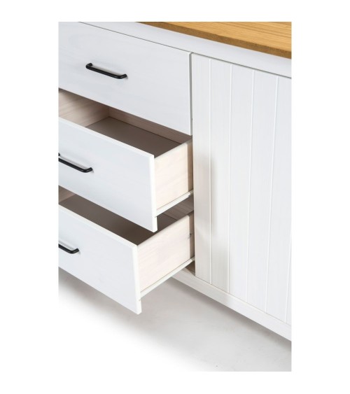 Credenza Miranda con 3 ante e 3 cassetti in legno massiccio bianco con top pino