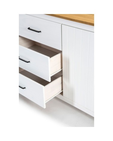 Credenza Miranda con 3 ante e 3 cassetti in legno massiccio bianco con top pino