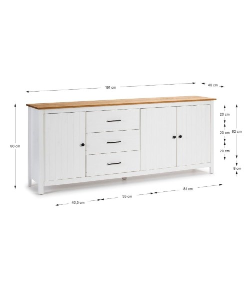 Credenza Miranda con 3 ante e 3 cassetti in legno massiccio bianco con top pino