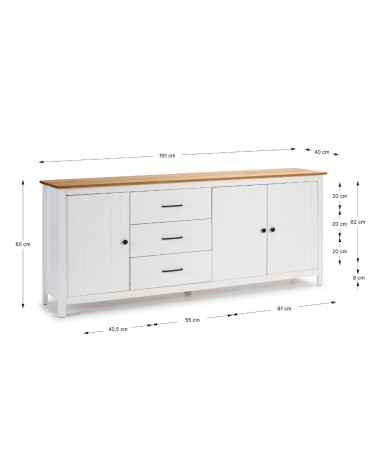 Credenza Miranda con 3 ante e 3 cassetti in legno massiccio bianco con top pino