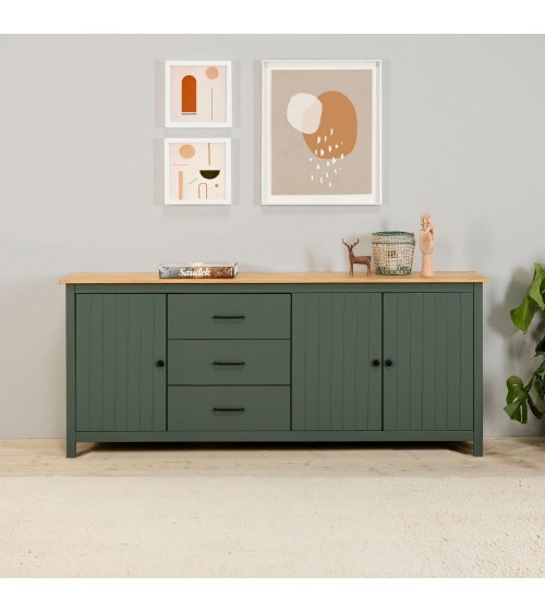 Credenza Miranda con 3 ante e 3 cassetti in legno massiccio verde con top pino
