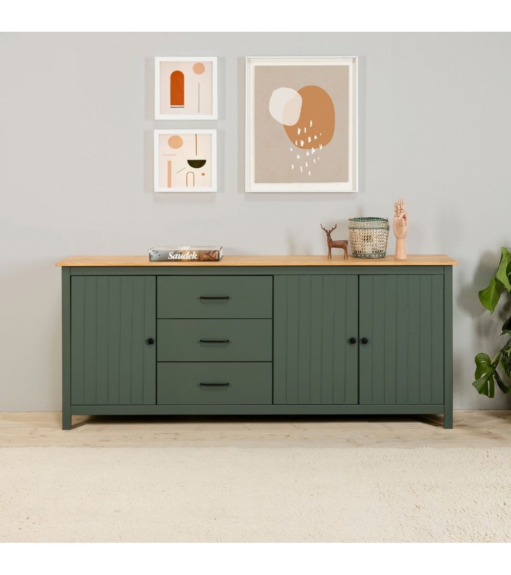 Credenza Miranda con 3 ante e 3 cassetti in legno massiccio verde con top pino