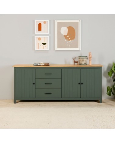Credenza Miranda con 3 ante e 3 cassetti in legno massiccio verde con top pino