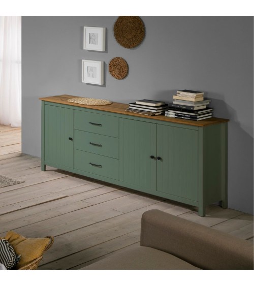 Credenza Miranda con 3 ante e 3 cassetti in legno massiccio verde con top pino