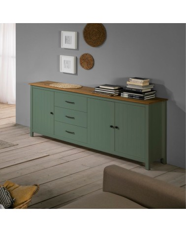 Credenza Miranda con 3 ante e 3 cassetti in legno massiccio verde con top pino