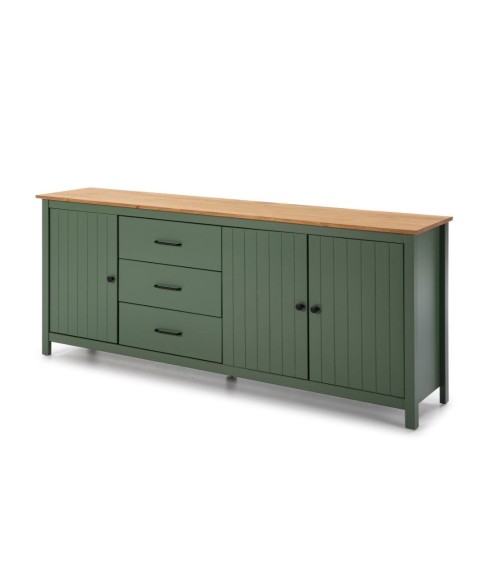 Credenza Miranda con 3 ante e 3 cassetti in legno massiccio verde con top pino
