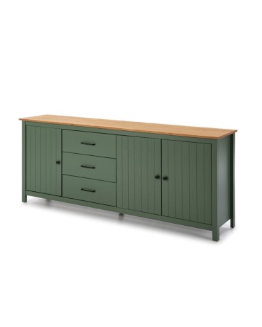 Credenza Miranda con 3 ante e 3 cassetti in legno massiccio verde con top pino