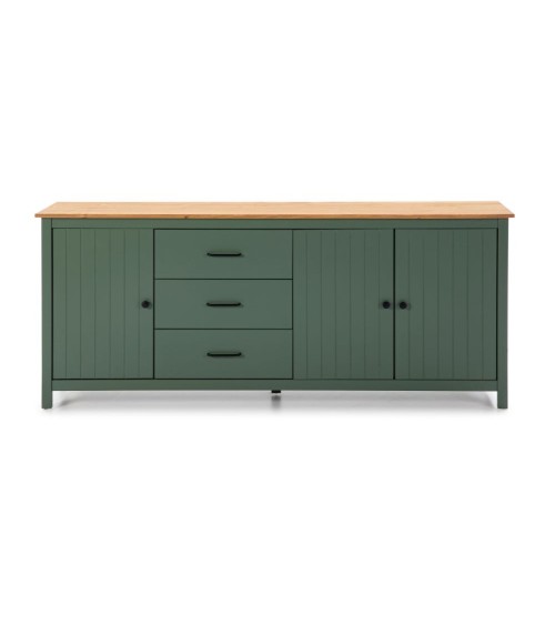 Credenza Miranda con 3 ante e 3 cassetti in legno massiccio verde con top pino