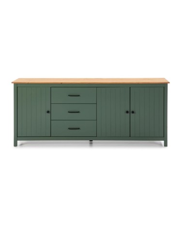 Credenza Miranda con 3 ante e 3 cassetti in legno massiccio verde con top pino