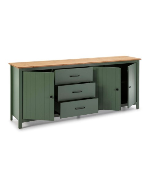 Credenza Miranda con 3 ante e 3 cassetti in legno massiccio verde con top pino