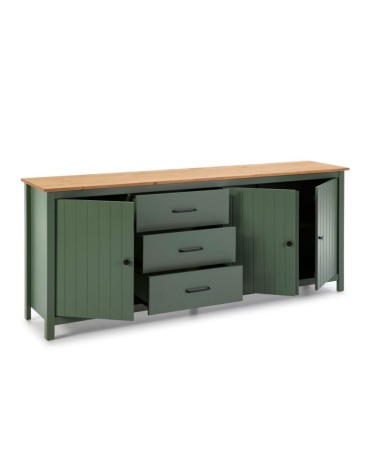 Credenza Miranda con 3 ante e 3 cassetti in legno massiccio verde con top pino