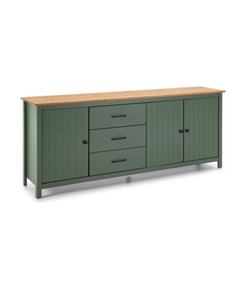 Credenza Miranda con 3 ante e 3 cassetti in legno massiccio verde con top pino