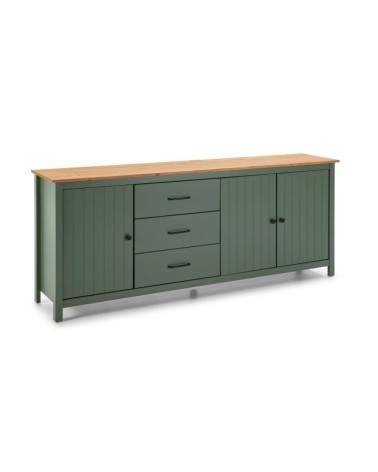Credenza Miranda con 3 ante e 3 cassetti in legno massiccio verde con top pino