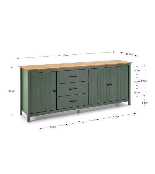 Credenza Miranda con 3 ante e 3 cassetti in legno massiccio verde con top pino