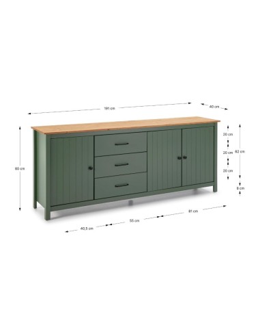 Credenza Miranda con 3 ante e 3 cassetti in legno massiccio verde con top pino