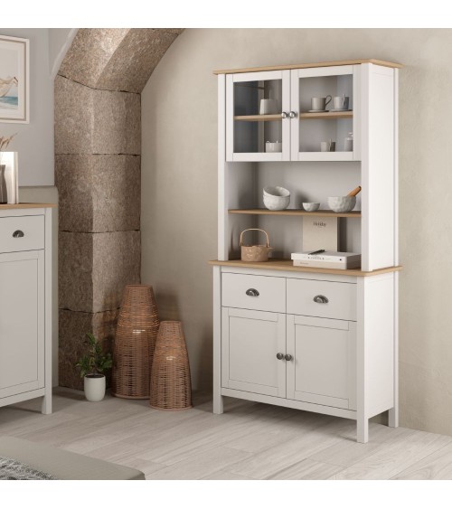 Credenza Misti con vetrina 4 ante e 2 cassetti in legno massiccio colore bianco e rovere