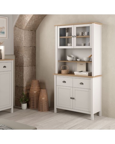 Credenza Misti con vetrina 4 ante e 2 cassetti in legno massiccio colore bianco e rovere