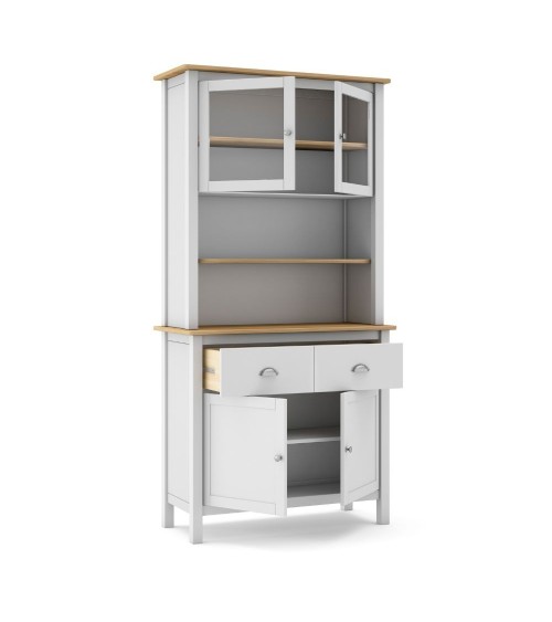 Credenza Misti con vetrina 4 ante e 2 cassetti in legno massiccio colore bianco e rovere