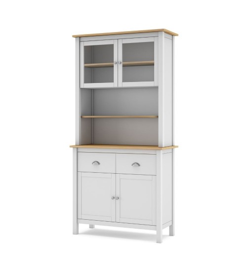 Credenza Misti con vetrina 4 ante e 2 cassetti in legno massiccio colore bianco e rovere